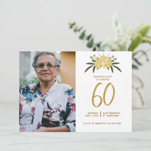 Glitter Gold Roos en botanische bladeren 60e verja Kaart (Staand voorkant)