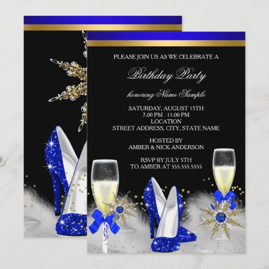 Glitter Gold Royal Blue Heels Black Champagne Kaart (Voorkant / Achterkant)