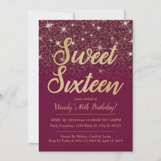 Glitter & Gold, Ruby Sweet 16 Birthday-uitnodiging Kaart (Voorkant)