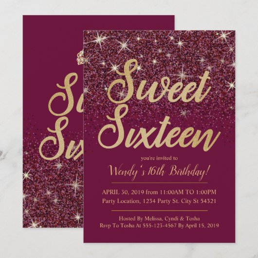 Glitter & Gold, Ruby Sweet 16 Birthday-uitnodiging Kaart (Voorkant / Achterkant)