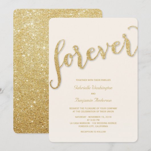 Glitter Gold Script for ever Wedding Invite Kaart (Voorkant / Achterkant)