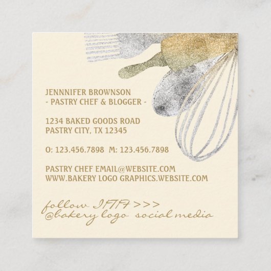 Glitter Gold Silver Pastry bakkerij luxueuze bord Vierkante Visitekaartje (Achterkant)
