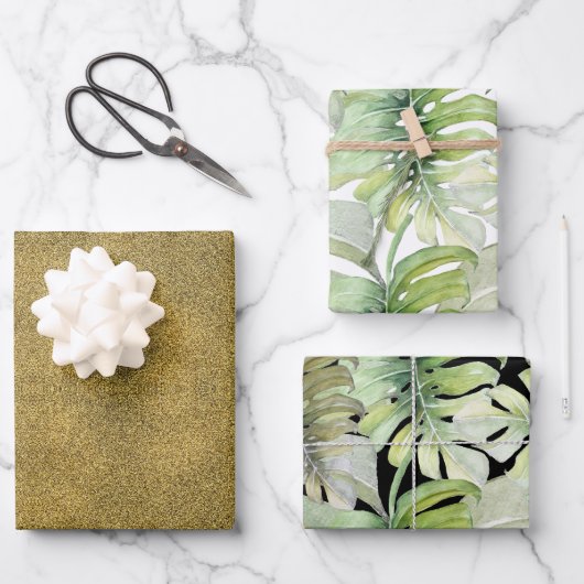Glitter Gold Tropical Monstera Waterverf Patroon Inpakpapier Vel (Voorkant)