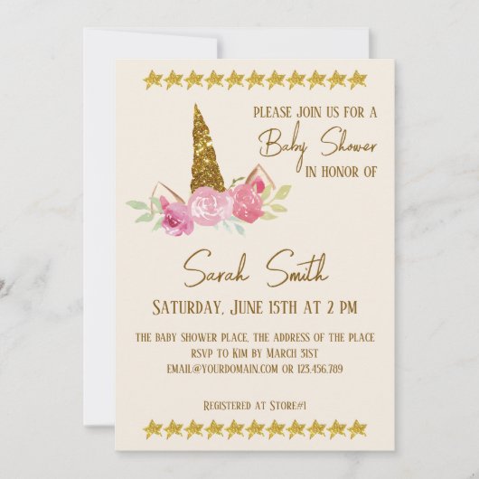 Glitter Gold Unicorn Rozen Girl Baby shower Kaart (Voorkant)