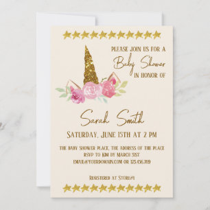 Glitter Gold Unicorn Rozen Girl Baby shower Kaart