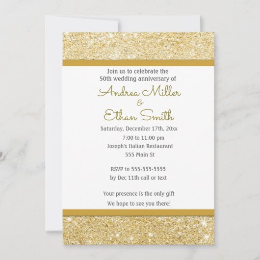 Glitter Goud 50ste Huwelijksjubileum Uitnodiging (Voorkant)