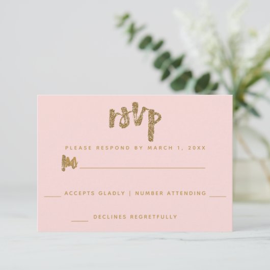 Glitter Goud Blush Roze Trouw Simpel RSVP Kaartje (Staand voorkant)
