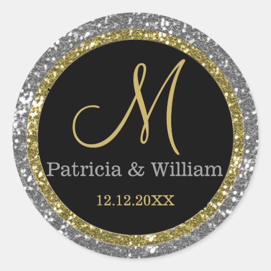 Glitter Goud Bruiloft Monogram Afdichtingen Ronde Sticker (Voorkant)