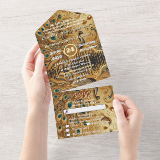 Glitter Goud Druppelende Elegante Pauw All In One Uitnodiging