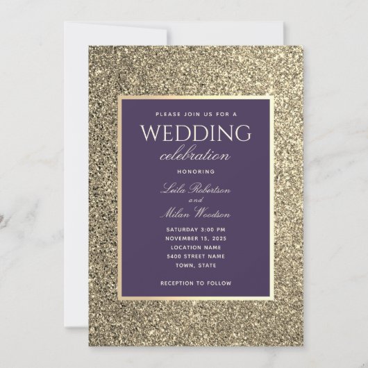 Glitter Goud En Paarse Trouw Uitnodiging (Voorkant)