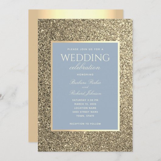 Glitter Goud En Stof Blauw Trouw Uitnodiging (Voorkant / Achterkant)