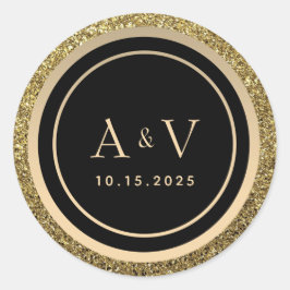 Glitter Goud en Zwarte Monogram Huwelijk Ronde Sticker