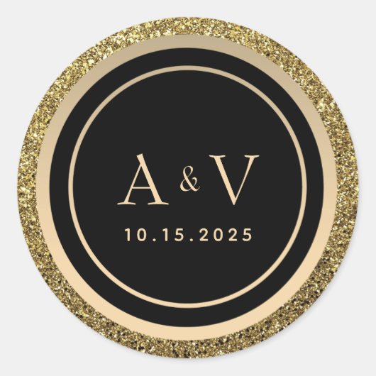 Glitter Goud en Zwarte Monogram Huwelijk Ronde Sticker (Voorkant)