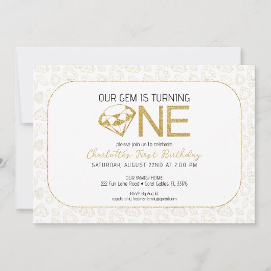 Glitter Goud Gem 1e Verjaardagsuitnodiging Kaart (Voorkant)