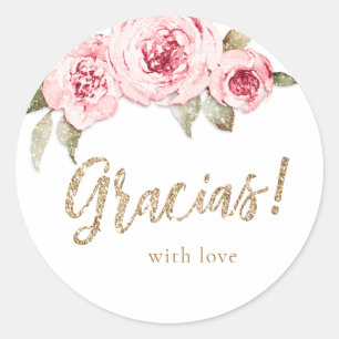 Glitter goud glans en roze bloemen gracias favor ronde sticker