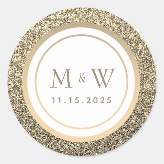 Glitter Goud Monogram Bruiloft Ronde Sticker (Voorkant)