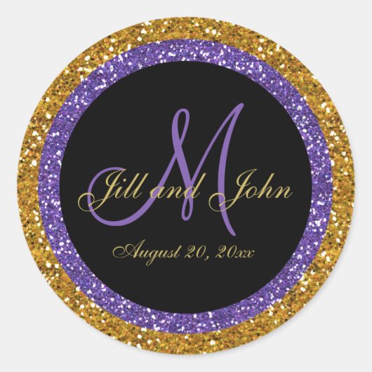Glitter Goud Paarse Bruiloft Monogram Afdichtingen Ronde Sticker (Voorkant)