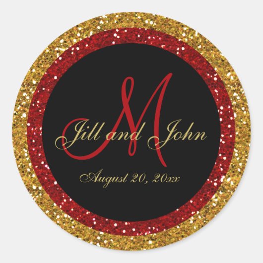 Glitter Goud Rood Bruiloft Monogram Afdichtingen S Ronde Sticker (Voorkant)