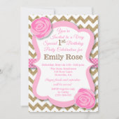 Glitter Goud & Roze Bloemige Verjaardagsuitnodigin Kaart (Voorkant)