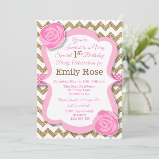 Glitter Goud & Roze Bloemige Verjaardagsuitnodigin Kaart (Staand voorkant)