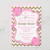 Glitter Goud & Roze Bloemige Verjaardagsuitnodigin Kaart (Voorkant / Achterkant)