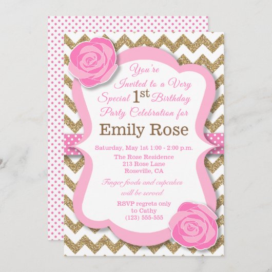 Glitter Goud & Roze Bloemige Verjaardagsuitnodigin Kaart (Voorkant / Achterkant)