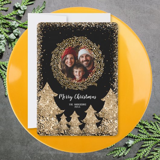 Glitter Goud Vrolijke Kerstkrans Familie Foto Kaart