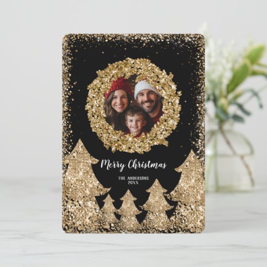 Glitter Goud Vrolijke Kerstkrans Familie Foto Kaart (Staand voorkant)