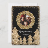Glitter Goud Vrolijke Kerstkrans Familie Foto Kaart (Voorkant)