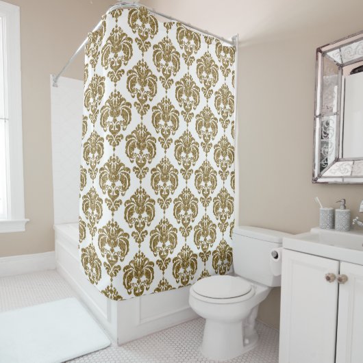 Glitter Goud & Witte Damask Chic Modern Patroon Douchegordijn (In situ)
