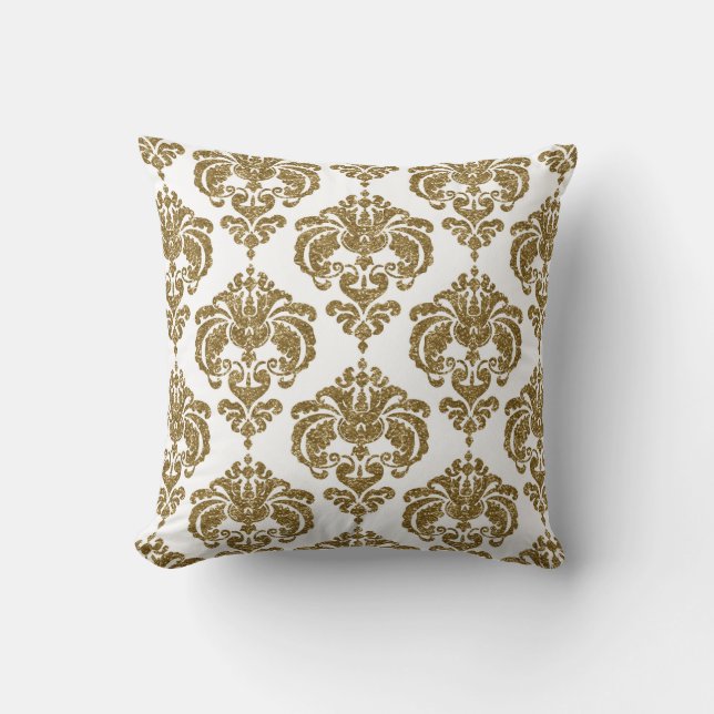 Glitter Goud & Witte Damast Chic Modern Patroon Kussen (Voorkant)