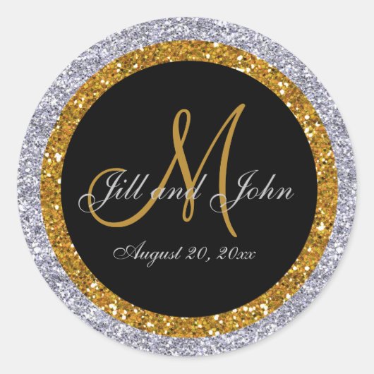 Glitter Goud Zilver Bruiloft Monogram Afdichtingen Ronde Sticker (Voorkant)