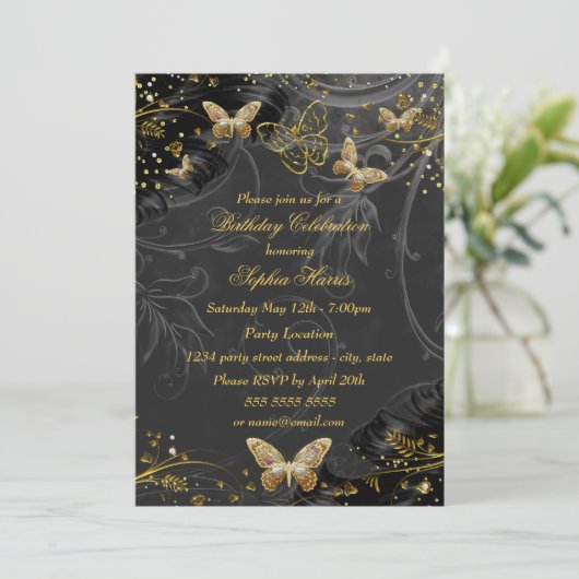 Glitter Goud Zwarte Vlinder Verjaardagsfeestje Kaart (Staand voorkant)