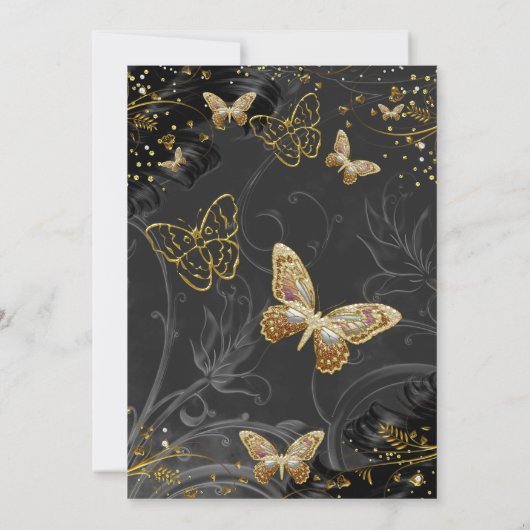 Glitter Goud Zwarte Vlinder Verjaardagsfeestje Kaart (Achterkant)