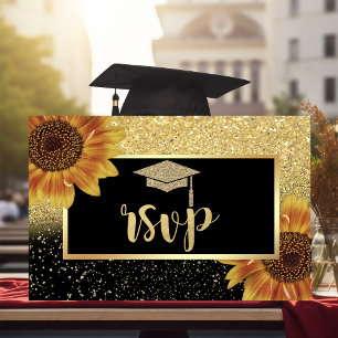 Glitter Gouden Afstudeerhoed, Zonnebloemen Afstude RSVP Kaartje