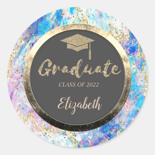 Glitter Gouden Afstudeermuts,Confetti,Holografisch Ronde Sticker (Voorkant)