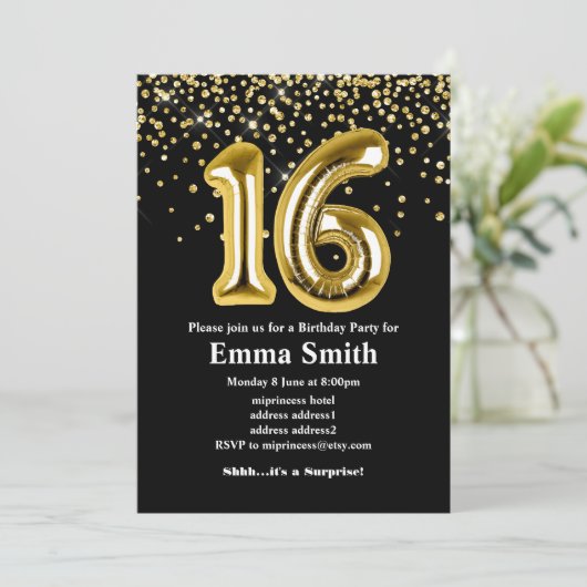 glitter gouden ballon voor 16e verjaardag kaart (Staand voorkant)