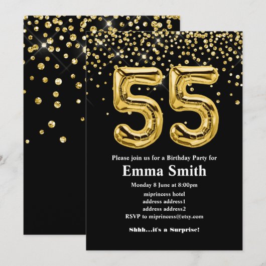 glitter gouden ballon voor een 55e verjaardag kaart (Voorkant / Achterkant)