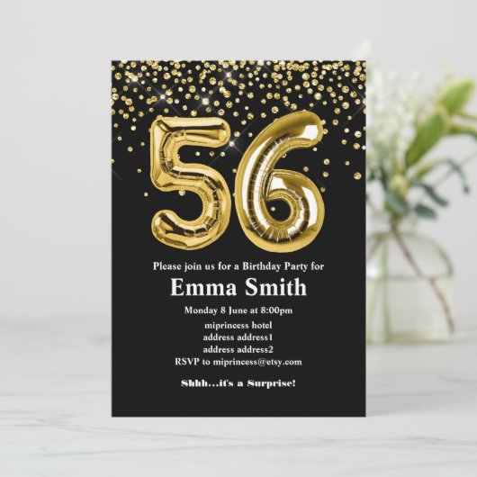 glitter gouden ballon voor een 56e verjaardag kaart (Staand voorkant)