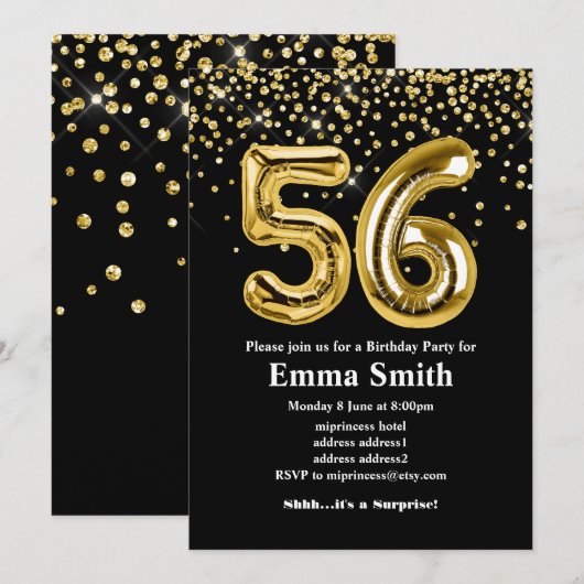 glitter gouden ballon voor een 56e verjaardag kaart (Voorkant / Achterkant)