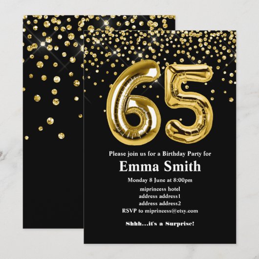 glitter gouden ballon voor een 65e verjaardag kaart (Voorkant / Achterkant)