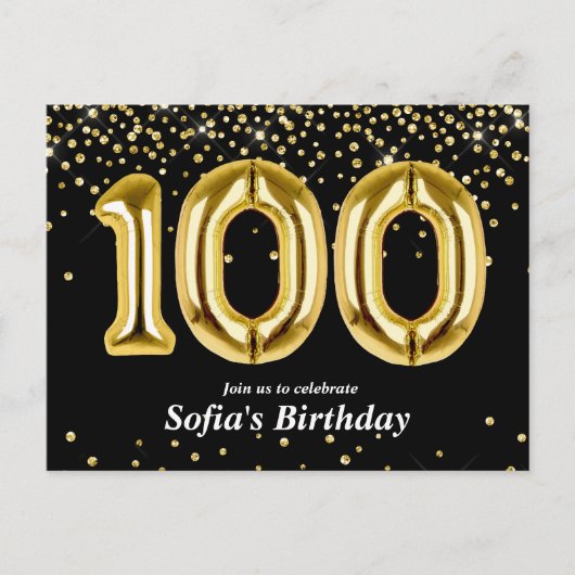 glitter gouden ballon voor het 100ste verjaardagsf briefkaart (Voorkant)