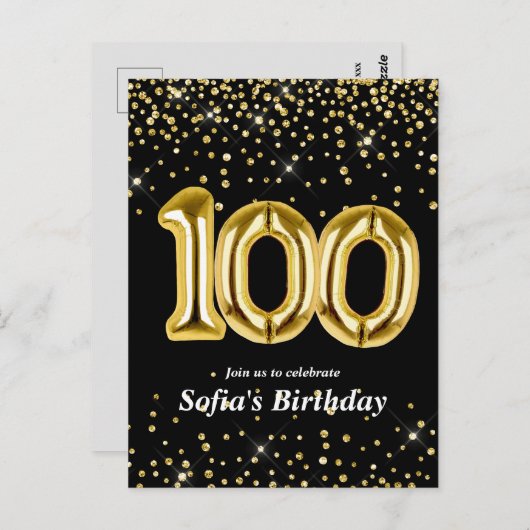 glitter gouden ballon voor het 100ste verjaardagsf briefkaart (Voorkant / Achterkant)