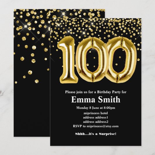 glitter gouden ballon voor het 100ste verjaardagsf kaart (Voorkant / Achterkant)