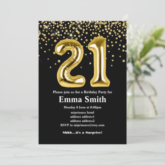 glitter gouden ballon voor het 21ste verjaardagsfe kaart (Staand voorkant)