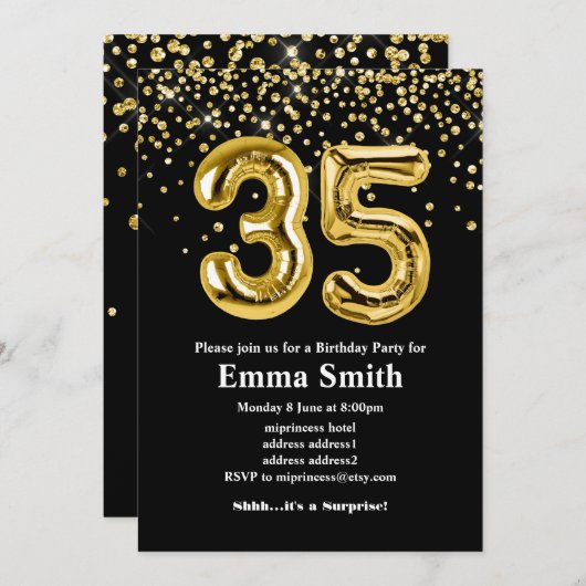 glitter gouden ballon voor het 35e verjaardag kaart (Voorkant / Achterkant)