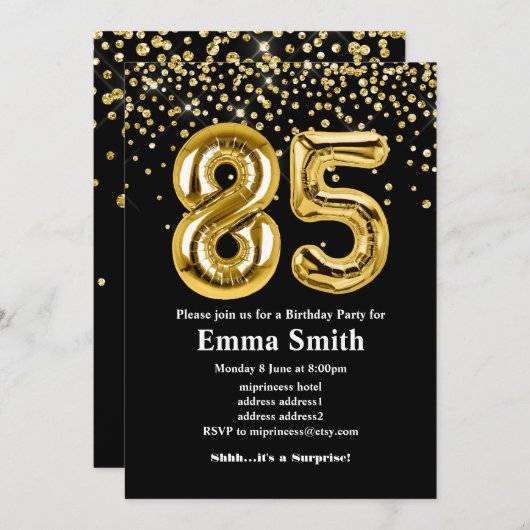 glitter gouden ballon voor het 85e verjaardag kaart (Voorkant / Achterkant)