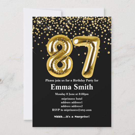 glitter gouden ballon voor het 87e verjaardag kaart (Voorkant)