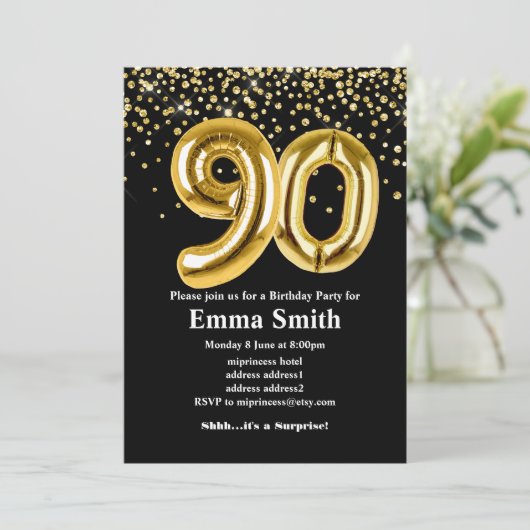 glitter gouden ballon voor het 90e verjaardag kaart (Staand voorkant)