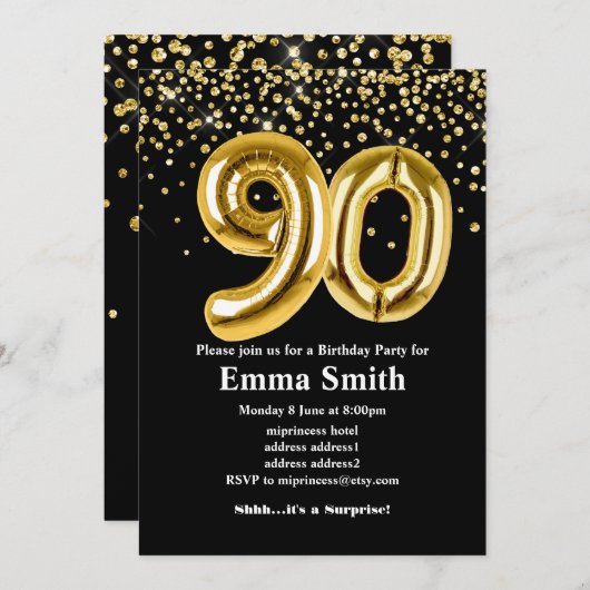 glitter gouden ballon voor het 90e verjaardag kaart (Voorkant / Achterkant)